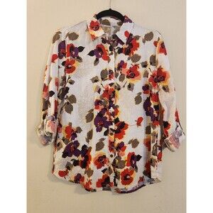 JM Collection Women's Size‎ 6 Floral linen button-Down Roll Tab Sleeve Shirt